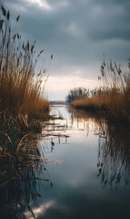 Tranquil waters flow through marshlands beneath a sky filled with dramatic clouds at twilight