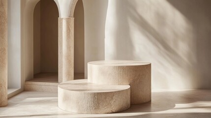 Beige Stone Platforms in Minimalist Interior Setting