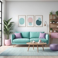 Modern Living Room Interior Design with Mint Green Sofa and Pastel Decor