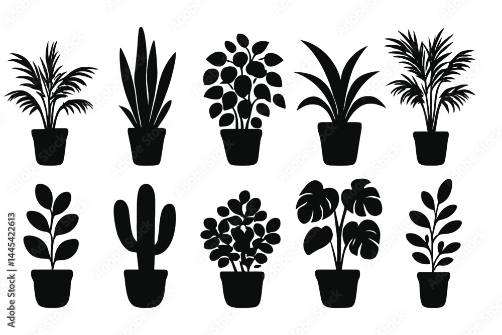 Poster vector illustration of various potted plants displaying different shapes and sizes, suitable for nat