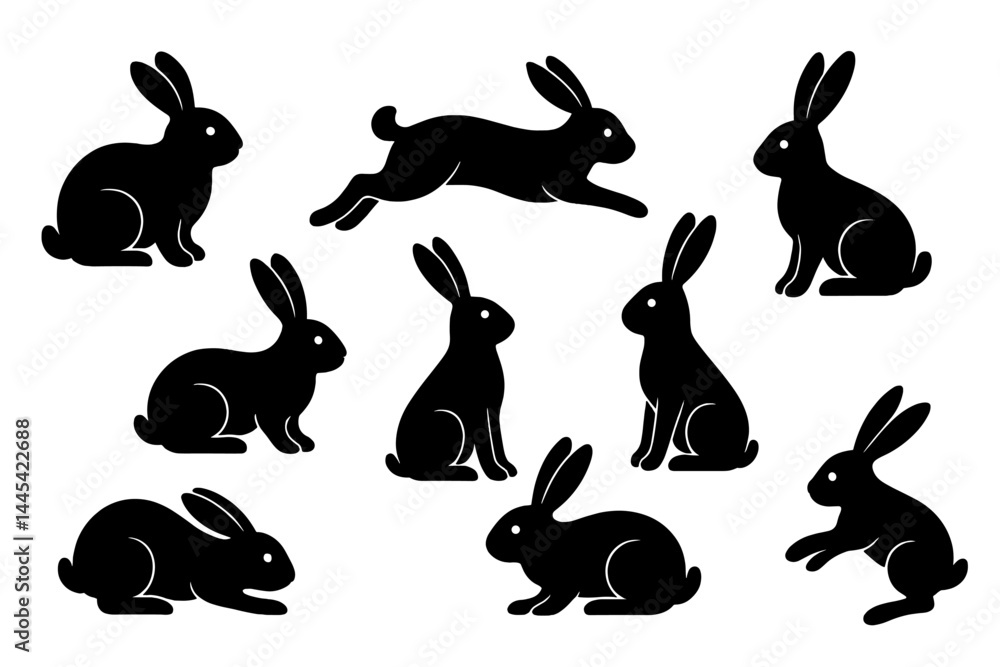 Poster multiple black rabbit vector icons illustrating different poses and actions in a simplistic style fo
