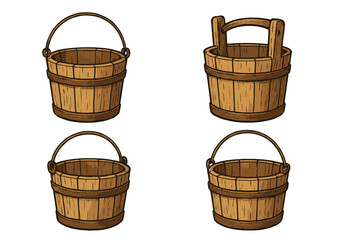 Vector icon set of wooden buckets in various orientations showcasing their rustic design and utility for creative projects © icon_art