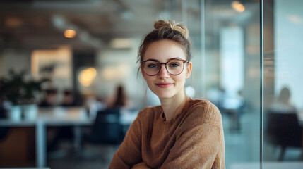 Obraz premium Poised in Thought: A modern, confident woman in glasses, stands in a sunlit office. Radiating intelligence and approachability.
