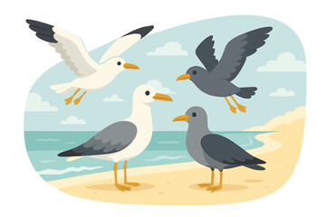 Seagulls and shorebirds interacting along a tranquil beach during a sunny day