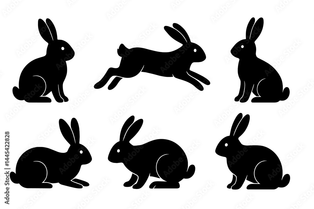 Poster vector icon of rabbits in different poses showcasing static and dynamic movements in a playful style