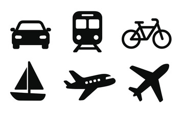 Various transportation vector icons including car, train, bicycle, sailboat, and airplane in a minimalist design