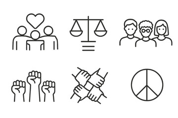 Diverse vector icons representing community values, justice, solidarity, and peace in a unified design featuring symbols of equality
