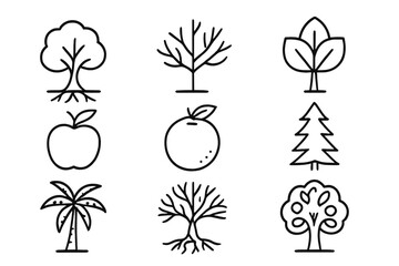 Fototapeta premium Collection of vector icons showcasing various trees, fruits, and botanical designs in a minimalist style