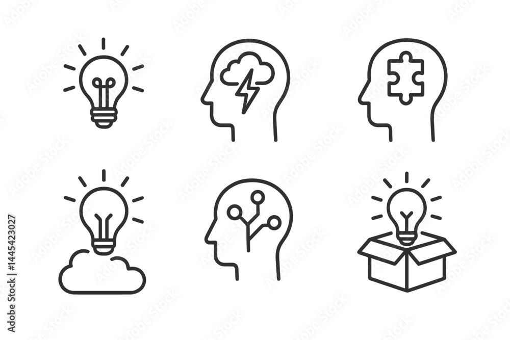 Poster icons representing creative thinking and problem solving with light bulbs and heads in various conce