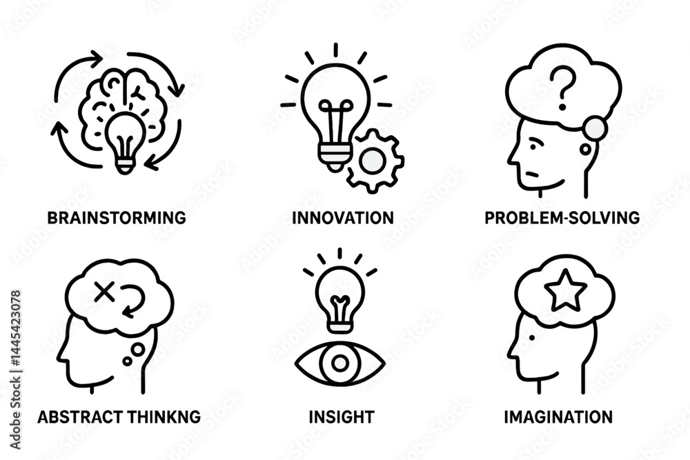 Poster vector icons representing brainstorming, innovation, problem-solving, abstract thinking, insight, an