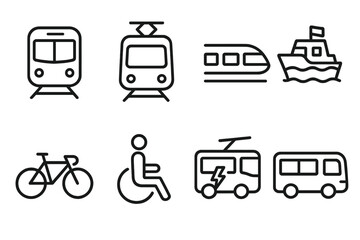 Vector icons representing various modes of transportation including trains, boats, bicycles, and vehicles for diverse accessibility needs