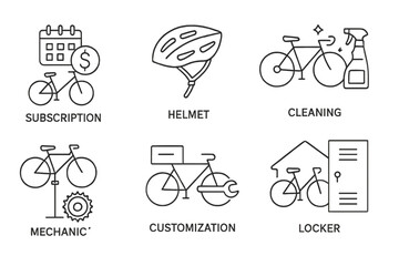 Vector icons representing bicycle services including subscription, helmet, cleaning, mechanic, customization, and locker options for riders