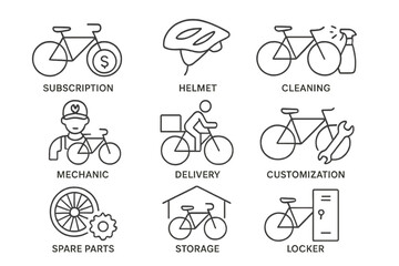 Bicycle service and maintenance activities with icons for subscription, delivery, and customization options