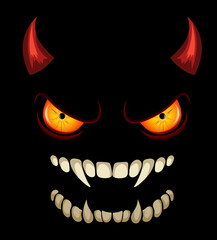 sinister face outlined with a wide toothy grin and piercing red eyes on a black background, evoking an eerie and menacing feeling vector illustration