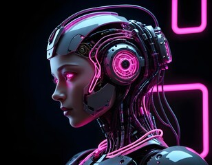 Cyberpunk Female Robot Head Profile with Pink Neon Lights