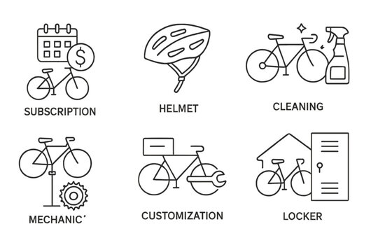 Vector icons representing bicycle services including subscription, helmet, cleaning, mechanic, customization, and locker options for riders