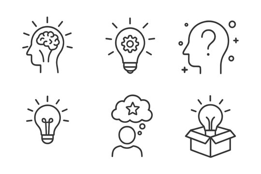 Creative thinking vector icons showcasing ideas and inspiration through brain, light bulb, and thought symbols