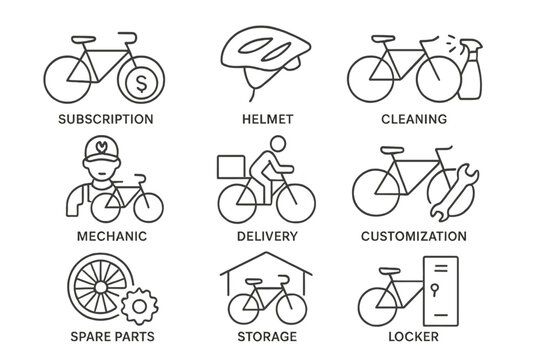 Bicycle service and maintenance activities with icons for subscription, delivery, and customization options