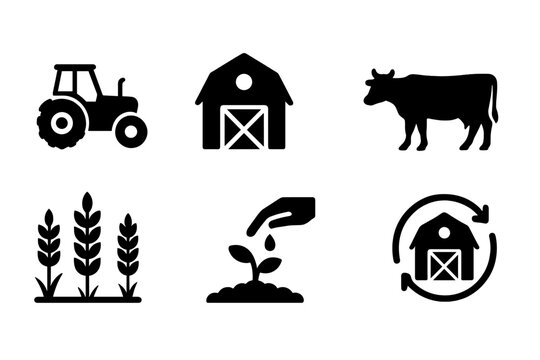 Illustrative vector icons representing farming activities including tractors, barns, livestock, and plant growth
