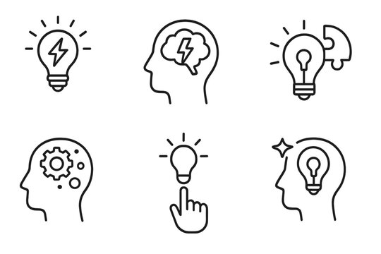 Creative icons representing ideas and insights with light bulbs and human heads showcasing innovative thinking and problem-solving skills