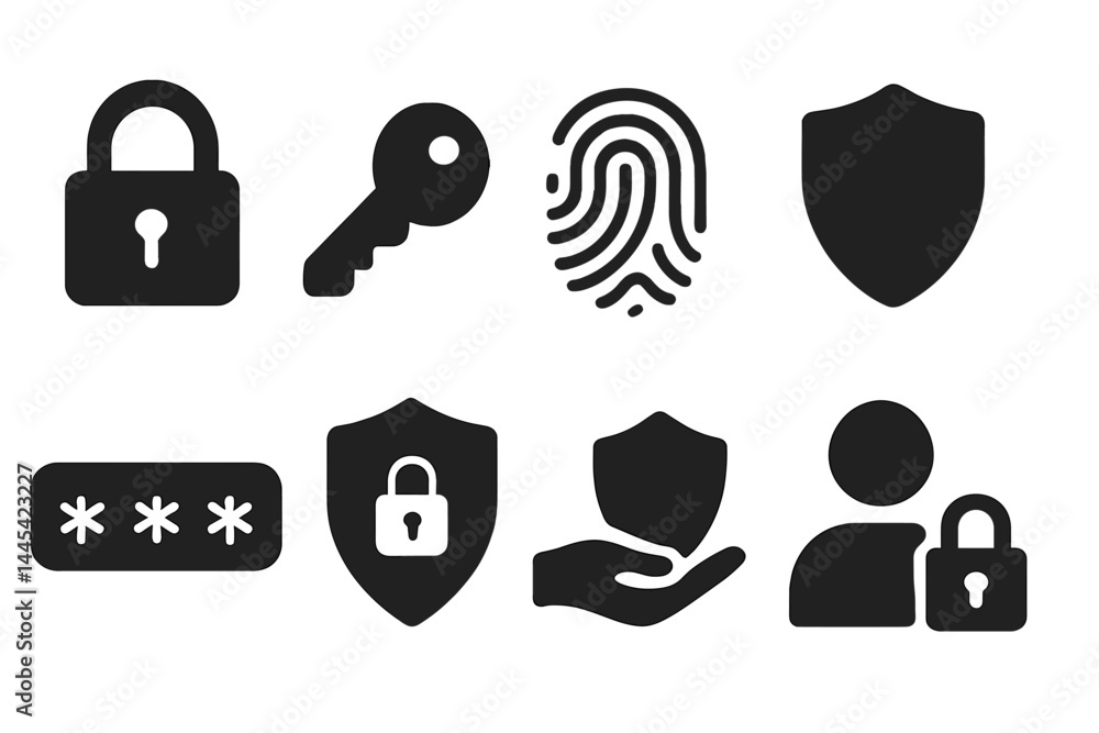 Poster vector icons representing security features such as locks, keys, fingerprints, and user authenticati