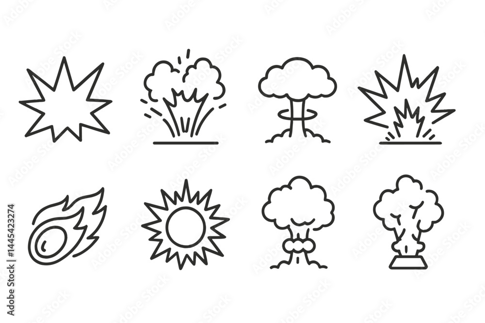 Poster explosive icons representing various types of blasts and impacts in a clean vector art style for gra
