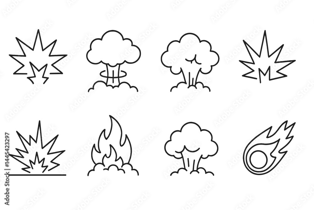 Aufkleber collection of vector icons depicting various explosion and fire symbols in a minimalist style for gr