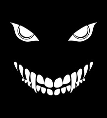 stylized of a sinister grinning face with sharp teeth and piercing eyes on a black background, conveying a sense of horror or mystery vector illustration