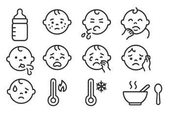 Collection of vector icons depicting various baby expressions and health indicators for use in childcare education and communication