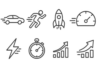 Vector icons representing speed, movement, and progress with various symbols including cars, rockets, and graphs