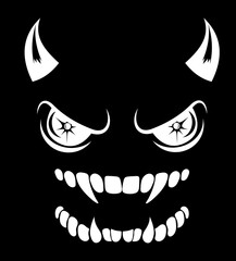 stylized of a sinister grinning face with sharp teeth and piercing eyes on a black background, conveying a sense of horror or mystery vector illustration