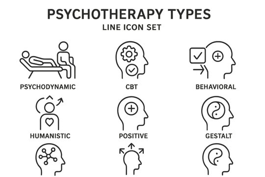 Vector icons depicting various psychotherapy types including psychodynamic, CBT, behavioral, humanistic, positive, and gestalt approaches