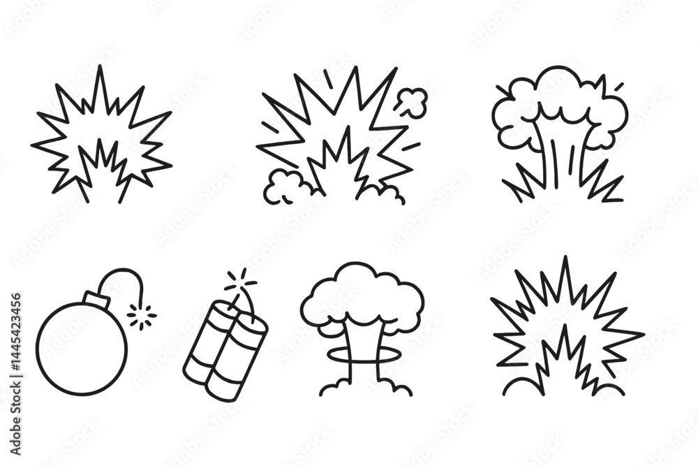 Poster vector icons depicting explosions, bombs, and detonations in a minimalist design for use in various 