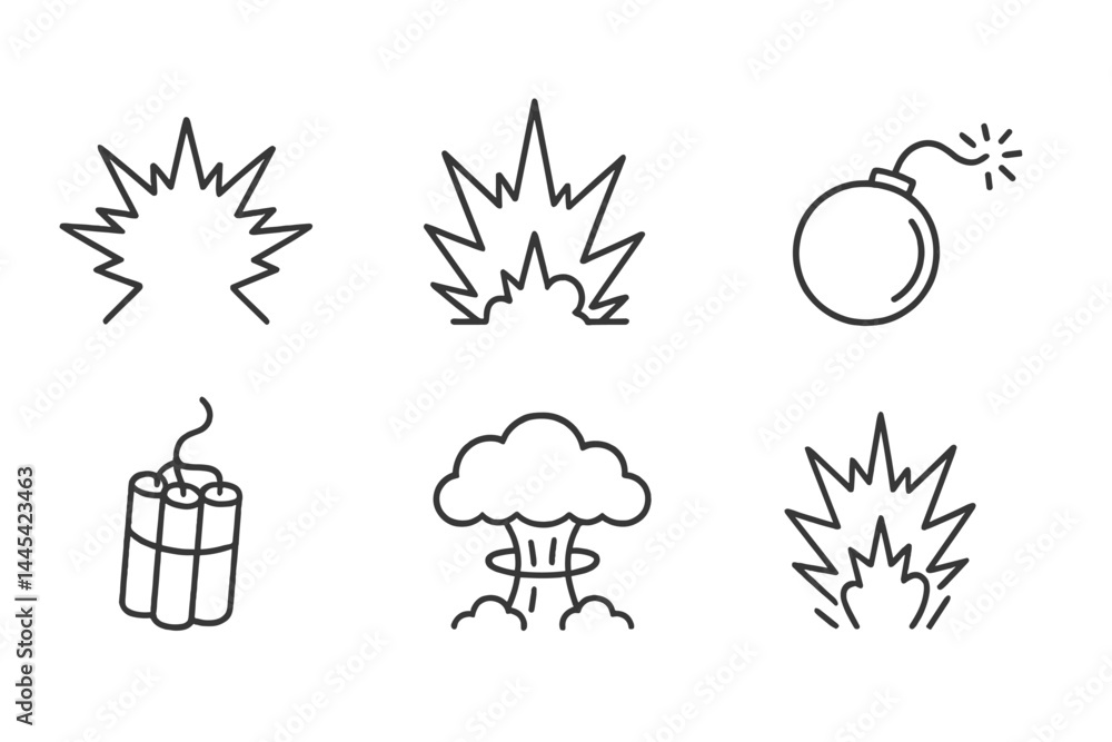 Poster explosive symbols illustrated as vector icons representing various types of blasts and detonations i