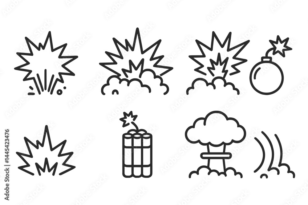 Poster explosive icons depicting various types of explosions and bomb symbols in minimalistic vector art st