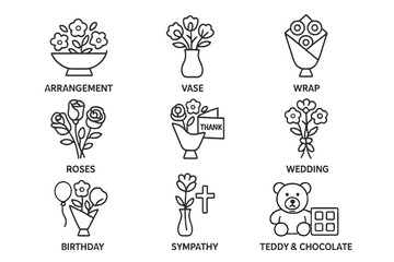 Floral arrangement vector icons showcasing various designs and themes for gifting occasions and decorative purposes