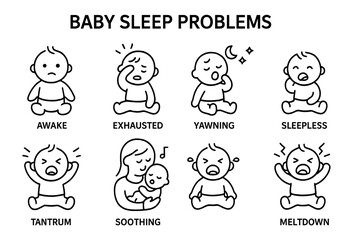 Understanding common baby sleep problems through vector icon illustrations for parenting guidance