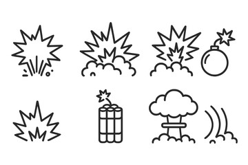 Naklejka premium Explosive icons depicting various types of explosions and bomb symbols in minimalistic vector art style