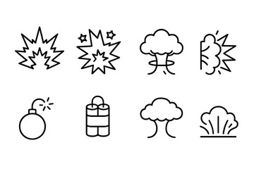 Explosive vector icons depicting various types of explosions, detonations, and blast effects for design use