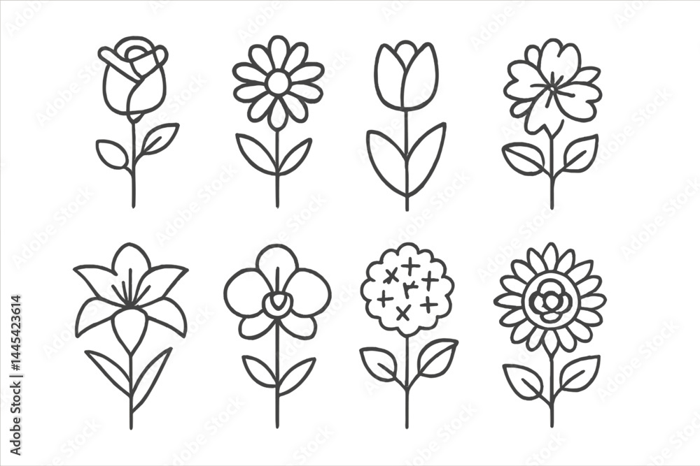 Poster vector icons of various flower designs featuring simplistic and elegant line art styles showcasing d