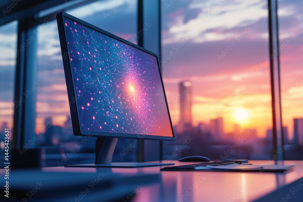Poster a modern desktop computer displays a network connection visualization against a vibrant sunset citys