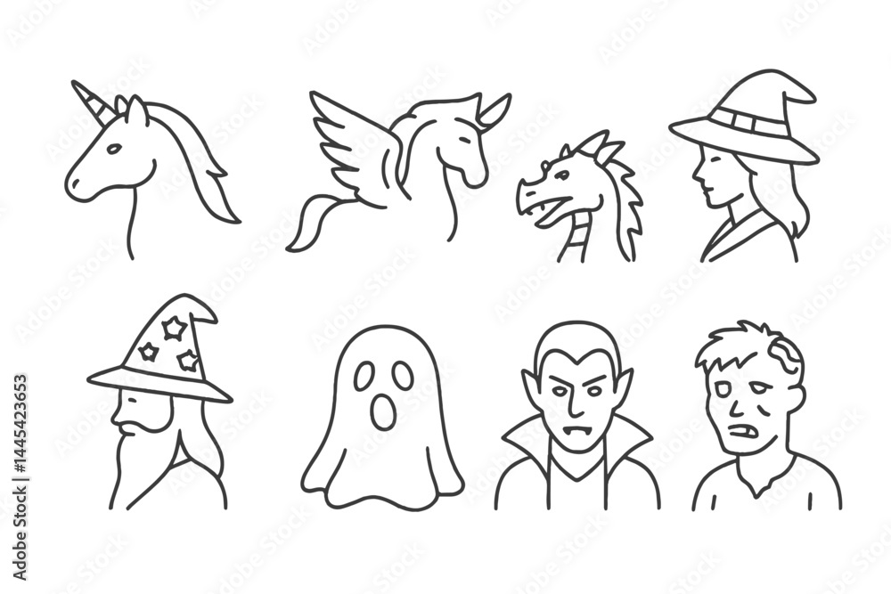 Poster vector icon set featuring mythical creatures and classic horror characters suitable for diverse proj