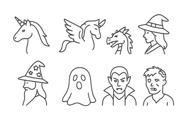 Vector icon set featuring mythical creatures and classic horror characters suitable for diverse projects