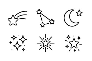 Vector icons depicting various celestial elements such as stars, a moon, and shooting stars for design purposes