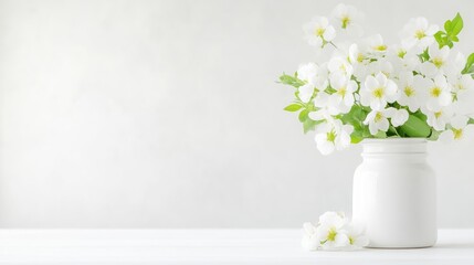 White Flowers in Jar, Green Leaves, Minimalist Style, Soft Natural Lighting, Horizontal Wide Shot, Delicate Petals, Springtime Serenity, White Background, Pure Bright Mood, Ideal for Greeting Cards