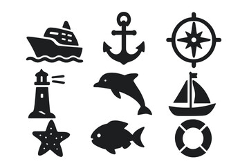 Vector icons illustrating various nautical themes including boats, sea creatures, and navigational symbols