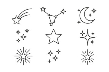 Vector icon collection of stars, constellations, and celestial bodies in minimal style suitable for various design projects