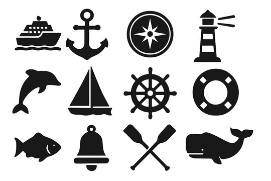 Collection of nautical vector icons featuring ships, sea creatures, and maritime symbols for graphic design projects