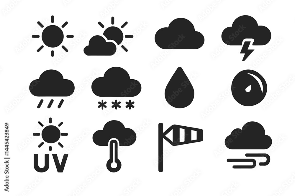 Poster weather vector icons representing various atmospheric conditions and their visual symbols in a simpl
