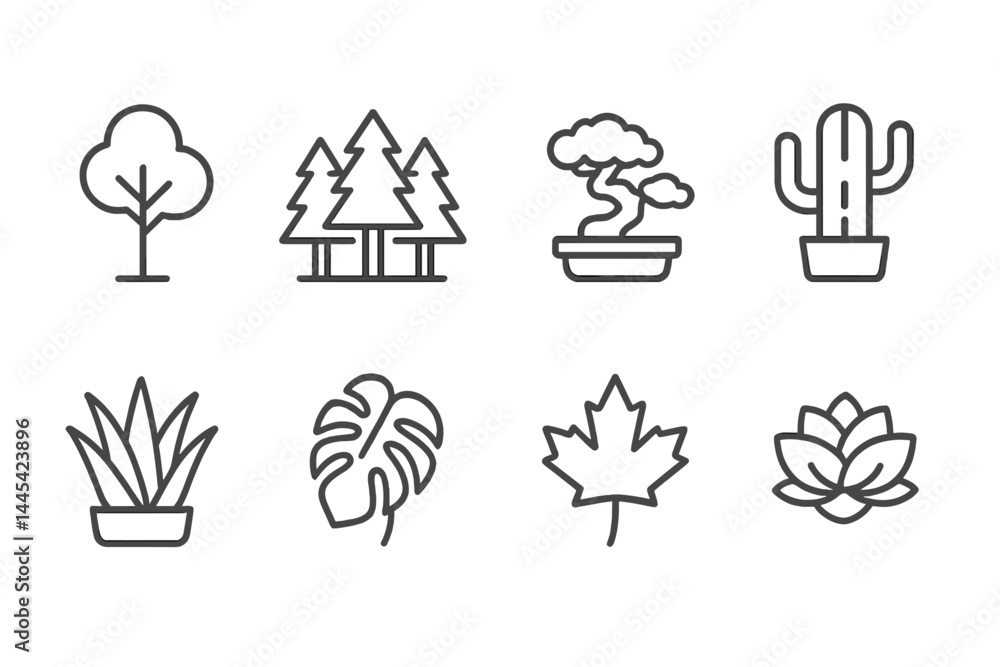 Poster vector icons representing various plants and trees, showcasing diversity in nature with simple line 